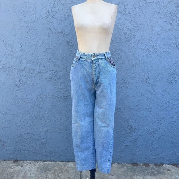 Vintage 90s Jeans 26 x 25 90s High Waisted Denim with tapestry Light Wash - Picture 2 of 10
